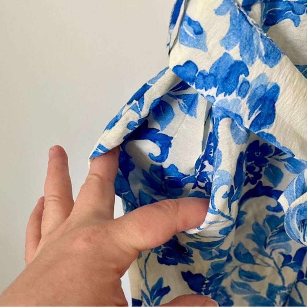 Mango Floral-Print Jumpsuit With Tie Blue and White Print Size Extra Small - Picture 10 of 14